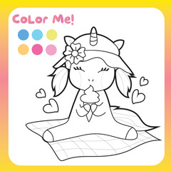 Coloring unicorn worksheet for children. Educational printable worksheet. Motor skills for children. Vector illustrations. 