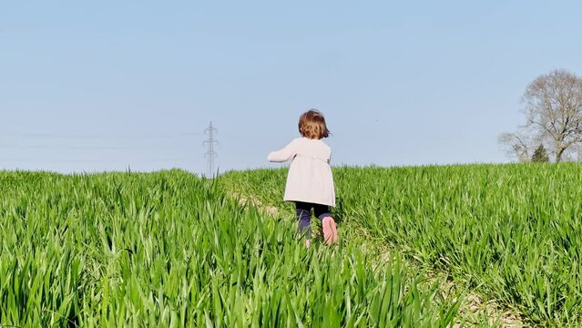Toddler girl in pink dress run away over spring field