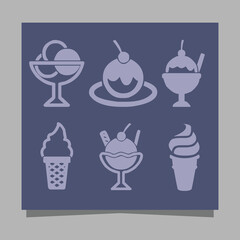 Ice cream icons of various shapes drawn on paper are perfect for depicting something sweet related to ice cream in flyers, logos, banners and others.