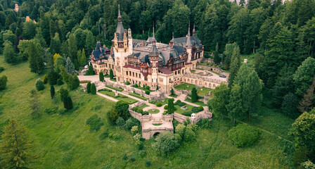 Aerial photography of Peles Castle in Romania. Photography was shot from a drone at a higher...