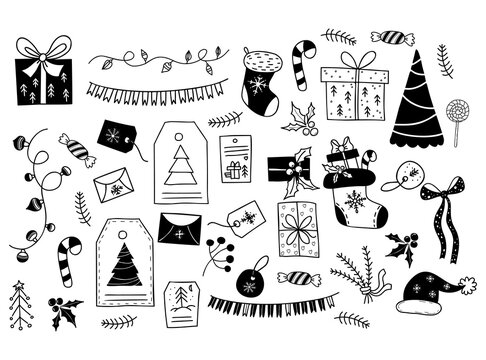 Collection New Year decor, boxes and gifts, Christmas sock and caramel stick, santa hat and tags, garland and candies, cards and labels with snowflake. Christmas doodle. Isolated vector hand drawings.