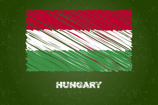 Hungary flag with chalk effect on green chalkboard, hand drawing country flag, flag for kids, classroom material
