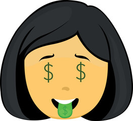 Vector emoticon illustration of a yellow cartoon woman face with eyes and tongue with a dollar sign