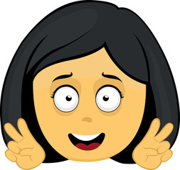 Vector illustration of yellow woman emoji with a happy expression and hands making the classic gesture of love and peace