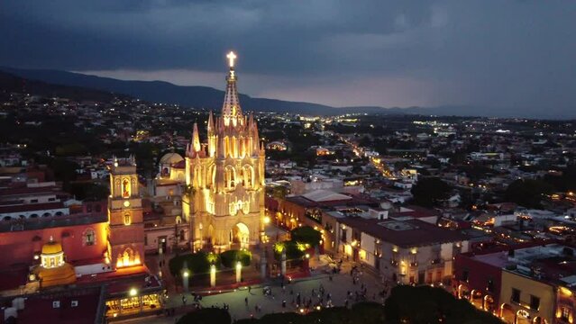 top view drone to san Miguel de allende streets and town, in sunset and night, top and side view with copy  space