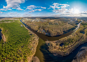 Confluence of the Iset and Kamenka rivers in the city Kamensk-Uralskiy. Iset and Kamenka rivers, Kamensk-Uralskiy, Sverdlovsk region, Ural mountains, Russia. Aerial view