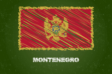 Montenegro flag with chalk effect on green chalkboard, hand drawing country flag, flag for kids, classroom material