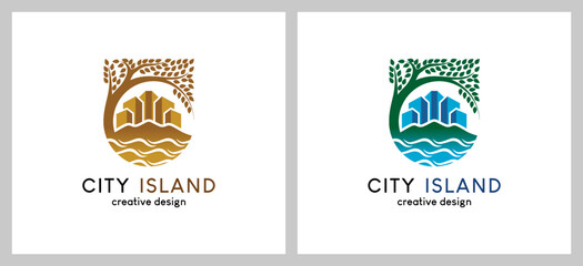 Beach city or island city building logo design with creative concept