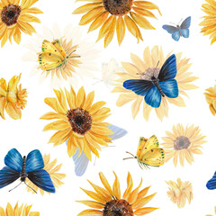 Seamless watercolor floral pattern of sunflowers, blue & yellow butterflies in rustic vintage style. For wrapping paper, fabrics, packaging, t-shirt, stationery, journals, stand with Ukraine ornament 