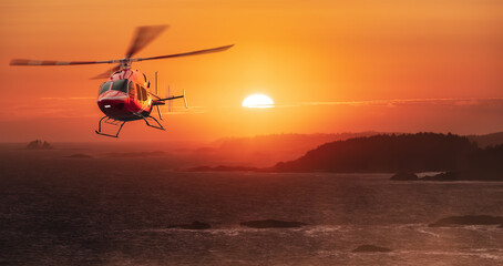 Helicopter Flying over the West Coast Pacific Ocean. Extreme Adventure Composite. 3D Rendering Heli. Background Image from Tofino, Vancouver Island, British Columbia, Canada. Dramatic Sunset © edb3_16