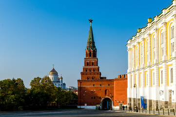 Old Kremlin fortress wall and towers near Red Square in Moscow, Russia