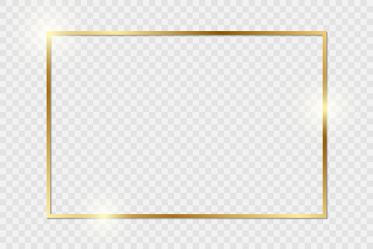 Gold Shiny Glowing Vintage Frame With Shadows Isolated On Transparent Background. Golden Luxury Realistic Rectangle Border. Stock Royalty Free Vector Illustration. PNG