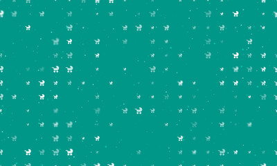 Seamless background pattern of evenly spaced white baby carriage symbols of different sizes and opacity. Vector illustration on teal background with stars