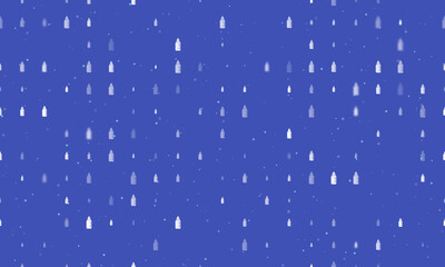 Seamless background pattern of evenly spaced white feeding bottle symbols of different sizes and opacity. Vector illustration on indigo background with stars