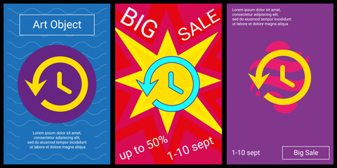 Trendy retro posters for organizing sales and other events. Large time back symbol in the center of each poster. Vector illustration on black background