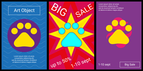 Naklejka premium Trendy retro posters for organizing sales and other events. Large pet symbol in the center of each poster. Vector illustration on black background