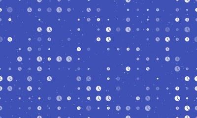 Seamless background pattern of evenly spaced white time symbols of different sizes and opacity. Vector illustration on indigo background with stars