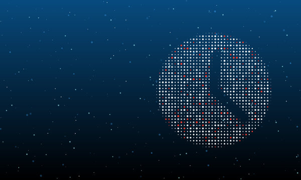 On the right is the time symbol filled with white dots. Background pattern from dots and circles of different shades. Vector illustration on blue background with stars