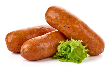 Smoked bratwurst sausages, isolated on white background.