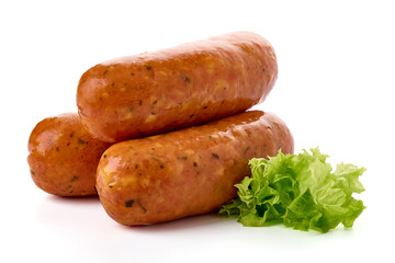 Smoked bratwurst sausages, isolated on white background.