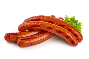 Roasted sausages, barbecued sausages, isolated on white background.
