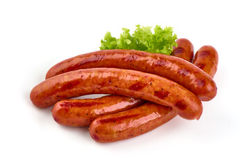 Roasted sausages, barbecued sausages, isolated on white background.
