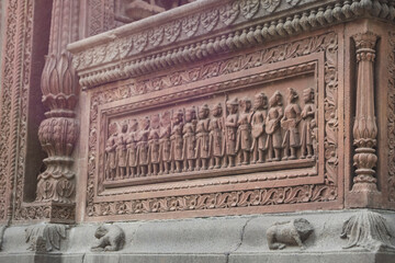 Decorative wall sculptures of Boliya Sarkar ki Chhatri, Indore, Madhya Pradesh. Also Known as Malhar Rao Chhatri. Indian Architecture. Ancient architecture of Indian temple.