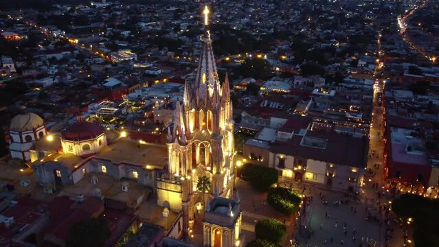 top view drone to san Miguel de allende streets and town, in sunset and night, top and side view with copy  space