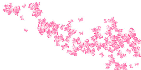 Tropical pink butterflies cartoon vector background. Summer pretty moths. Decorative butterflies cartoon children wallpaper. Gentle wings insects patten. Fragile creatures.