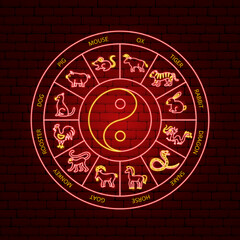 Chinese Zodiac Neon Circle Concept. Vector Illustration of Asia Promotion.