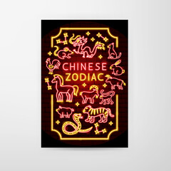 Chinese Zodiac Neon Flyer. Vector Illustration of Astrology Promotion.
