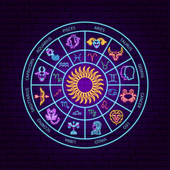 Horoscope Zodiac Neon Circle. Vector Illustration of Astrology Promotion.