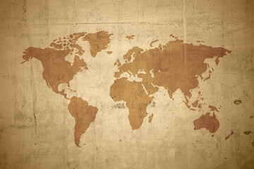 World map on brown dirty texture.retro stlye.