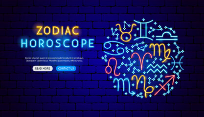 Zodiac Horoscope Neon Banner Design. Vector Illustration of Astrology Promotion.