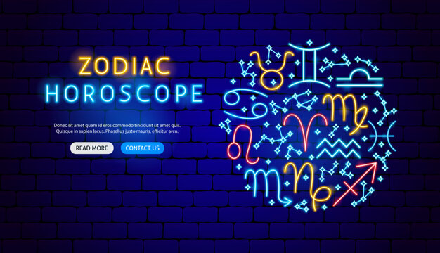 Zodiac Horoscope Neon Banner Design. Vector Illustration of Astrology Promotion.