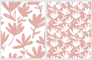Simple Hand Drawn Irregular Floral Vector Patterns. Freehand Brush Flowers isolated on a White and Pastel Pink Background. Infantile Style Abstract Garden Print ideal for Fabric, Textile.