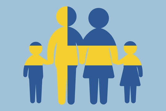 Sweden flag with family concept, parent and kids holding hands, immigrant idea, flat design asset