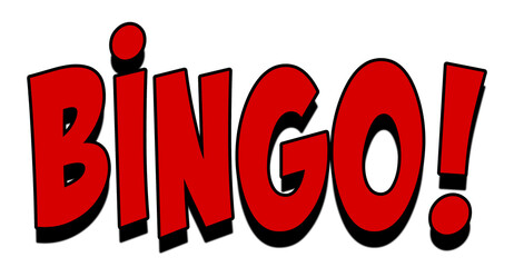 A text message, Bingo!, in a cartoon comic book style. Red bubblegum font. Isolated.  © Grenar