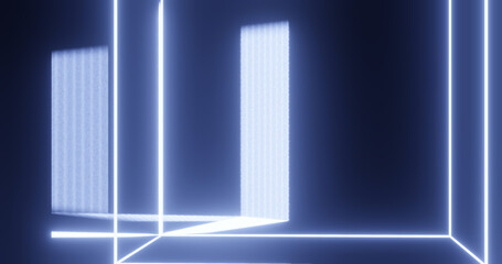 Render with blue purple neon cube with reflection