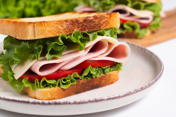 Close-up photo of an American club sandwich. Fast food concept. 