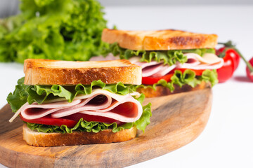 Close-up photo of an American club sandwich. Fast food concept. 