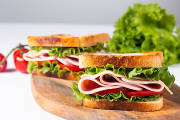 Close-up photo of an American club sandwich. Fast food concept. 