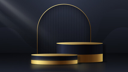 Realistic 3d cylinder pedestal golden podium with black background. Pastel minimal scene. Stage for showcase, Product display
