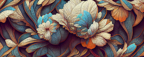 Intricate floral pattern. Floral banner in art nouveau style. Horizontal poster, greeting cards, headers, baner, website. Botanical banner with organic shapes, leaves  and plants. Digital art