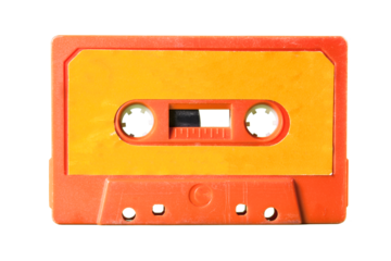 An old vintage cassette tape from the 1980s (obsolete music technology). Vivid colors: coral red plastic body, orange paper label. Isolated.
