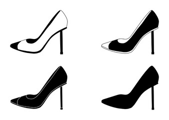 Set of outline black and white silhouette of women shoes with heels, stilettos, model, accessory.