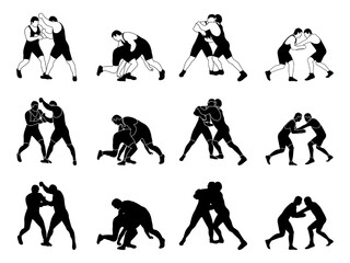 Athlete wrestler in wrestling, duel, fight. A pack of silhouettes Greco Roman, freestyle, classical wrestling.