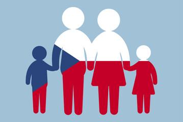 Czech Republic flag with family concept, parent and kids holding hands, immigrant idea, flat design asset
