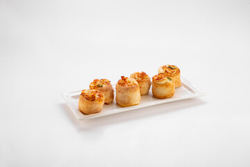 Deep fried Spicy Chicken Rolls served in a dish isolated on grey background side view of fastfood