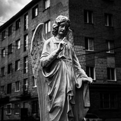 Gothic statue of an angel. Black and white photo